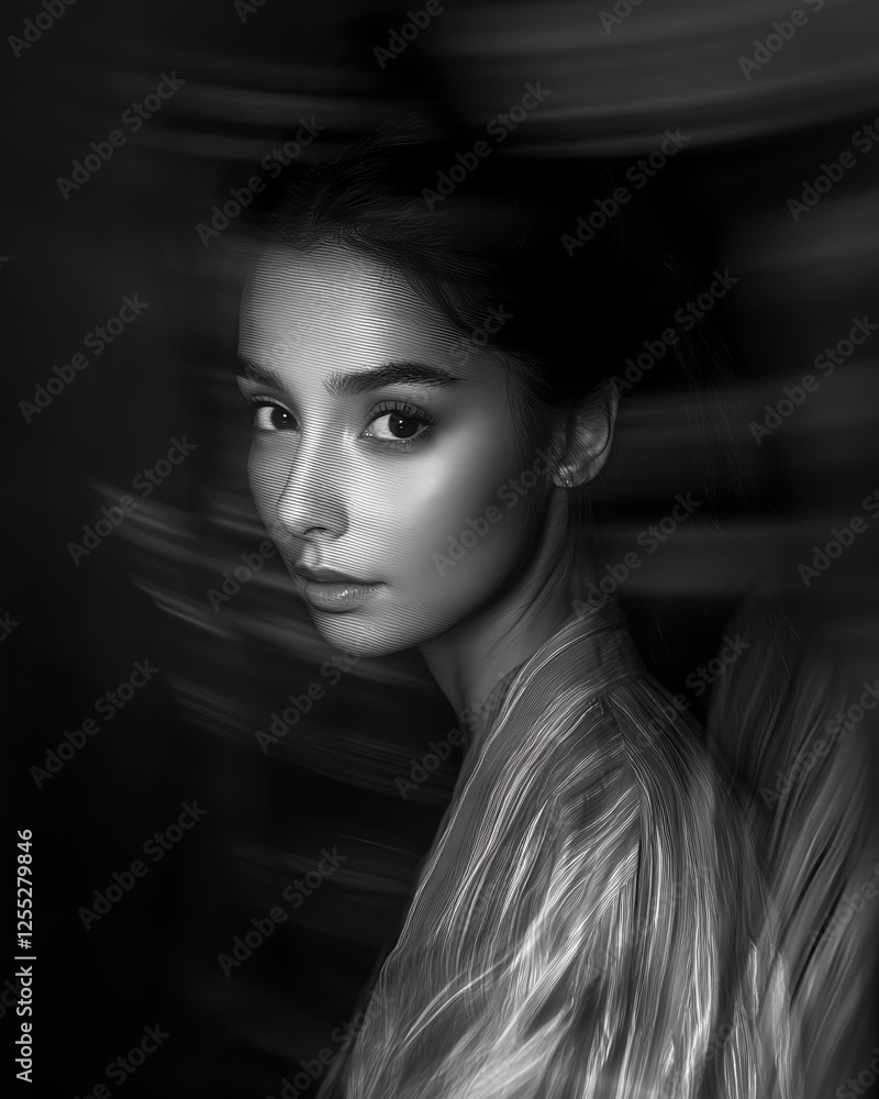 Naklejka premium A mysterious woman with her face in motion blur, double exposure photography, black and white photography, dark art style, high contrast, blurry details, shadows, soft lighting, emotional expression, 