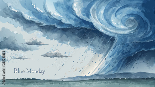 Watercolor stormy sky in swirling blue and gray shades evoking somberness for Blue Monday reflection with copy space