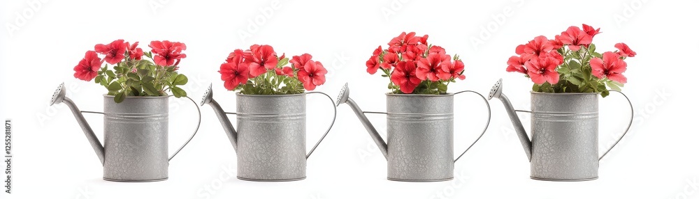 Four Red Petunias in Galvanized Watering Cans Spring Flowers Gardening Decor Four Red Petunias in Galvanized Watering Cans Spring Flowers Gardening Decor