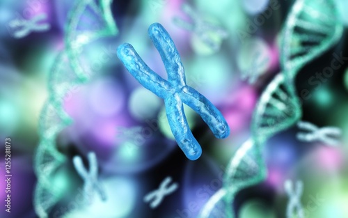 Fototapeta Naklejka Na Ścianę i Meble -  X chromosome against the background of DNA. Chromosomes and DNA.
3D rendering