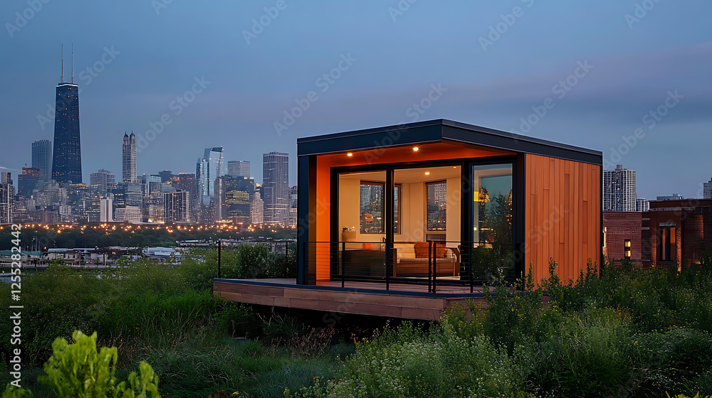 Fototapeta premium A rooftop tiny house with stunning city skyline views and a compact layout (3)