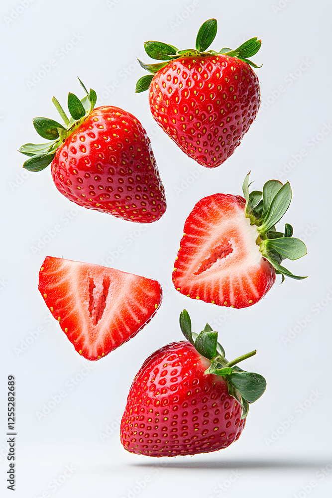 Sliced strawberry floating vertically in mid-air, isolated on a white background Sliced strawberry floating vertically in mid-air, isolated on a white background