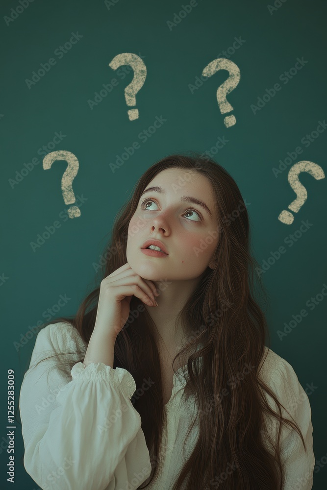Woman contemplating with question marks against a green background, expressing curiosity and deep thought. Ideal for themes of decision-making or inquiry. Woman contemplating with question marks against a green background, expressing curiosity and deep thought. Ideal for themes of decision-making or inquiry.
