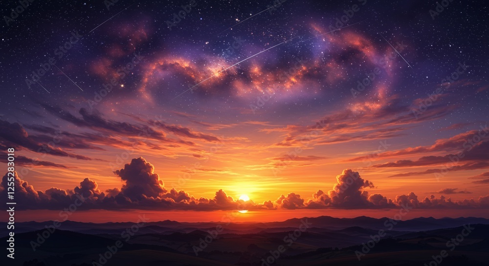 Obraz premium Dramatic sunset featuring celestial cloudscape with shooting stars