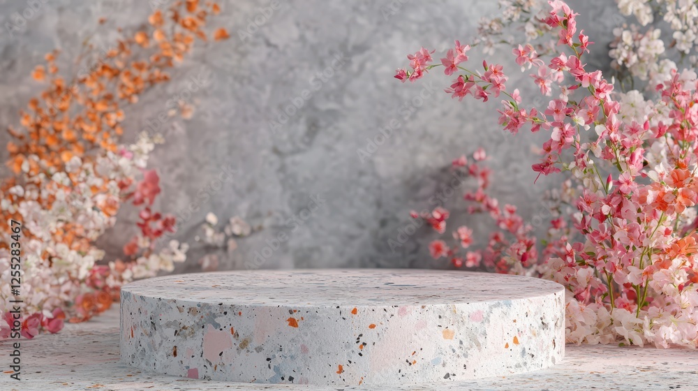 Fototapeta premium Abstract terrazzo texture podium with pastel floral background, stylish and modern aesthetic for luxury product showcase