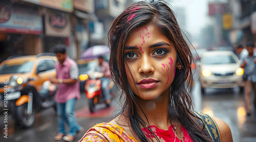 indian girl in holi paints in the street.