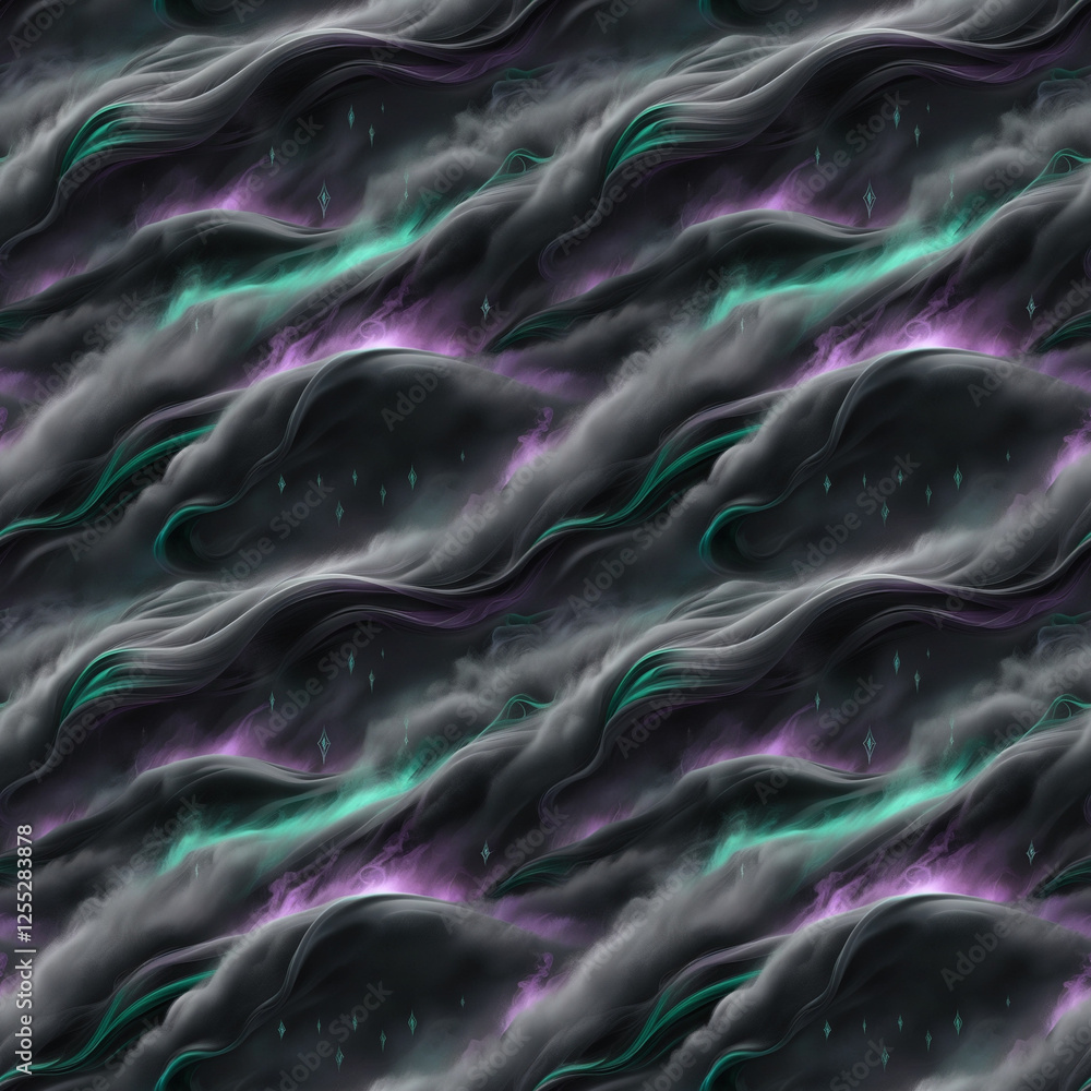 Obraz premium Smoky Gradient Waves Seamless Pattern in dark and teal tones for Atmospheric Blogs, Dreamlike Backgrounds, Subtle Texture, for stationery and game design