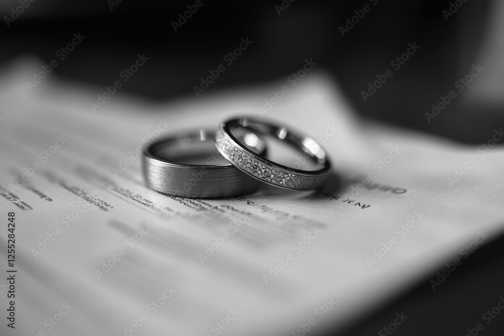 Wedding rings resting on a beautifully crafted document ready for a ceremony. Generative AI Wedding rings resting on a beautifully crafted document ready for a ceremony. Generative AI
