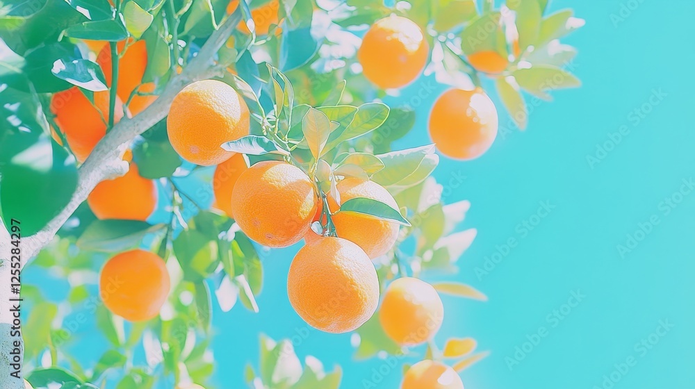 Ripe oranges growing on a tree in a farm orchard, close-up view against a blue sky, symbolizing fresh, natural, and healthy food. Ripe oranges growing on a tree in a farm orchard, close-up view against a blue sky, symbolizing fresh, natural, and healthy food.