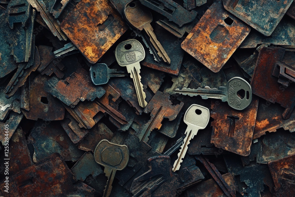 Keys scattered among rusty locks reveal a story of lost access and memories. Generative AI Keys scattered among rusty locks reveal a story of lost access and memories. Generative AI