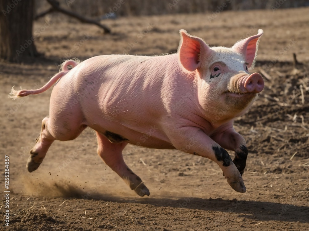 Adorable Pink Pig Running in Farmyard Outdoor Setting Adorable Pink Pig Running in Farmyard Outdoor Setting
