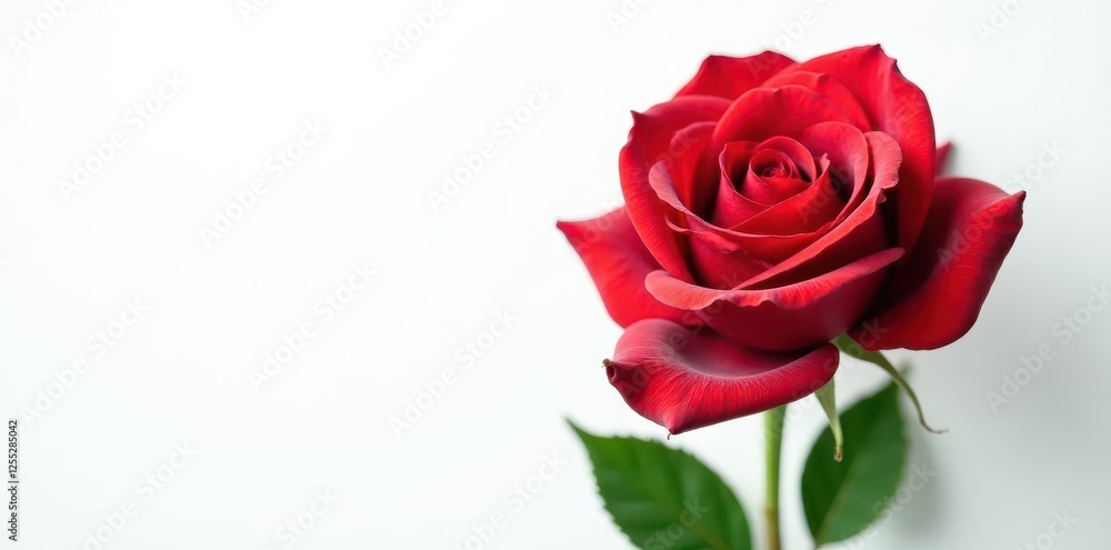 Velvet red rose, vibrant green leaves, pure white background, blossom, beauty Velvet red rose, vibrant green leaves, pure white background, blossom, beauty