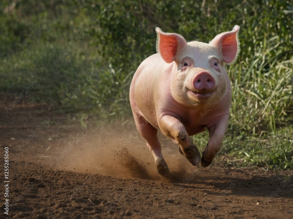 Fototapeta premium Cute Pink Pig Running in Farmyard Nature Portrait