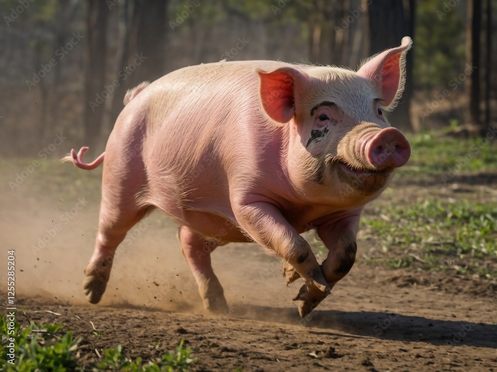 Adorable Happy Pink Pig Running Outdoors in Farmyard Setting Adorable Happy Pink Pig Running Outdoors in Farmyard Setting