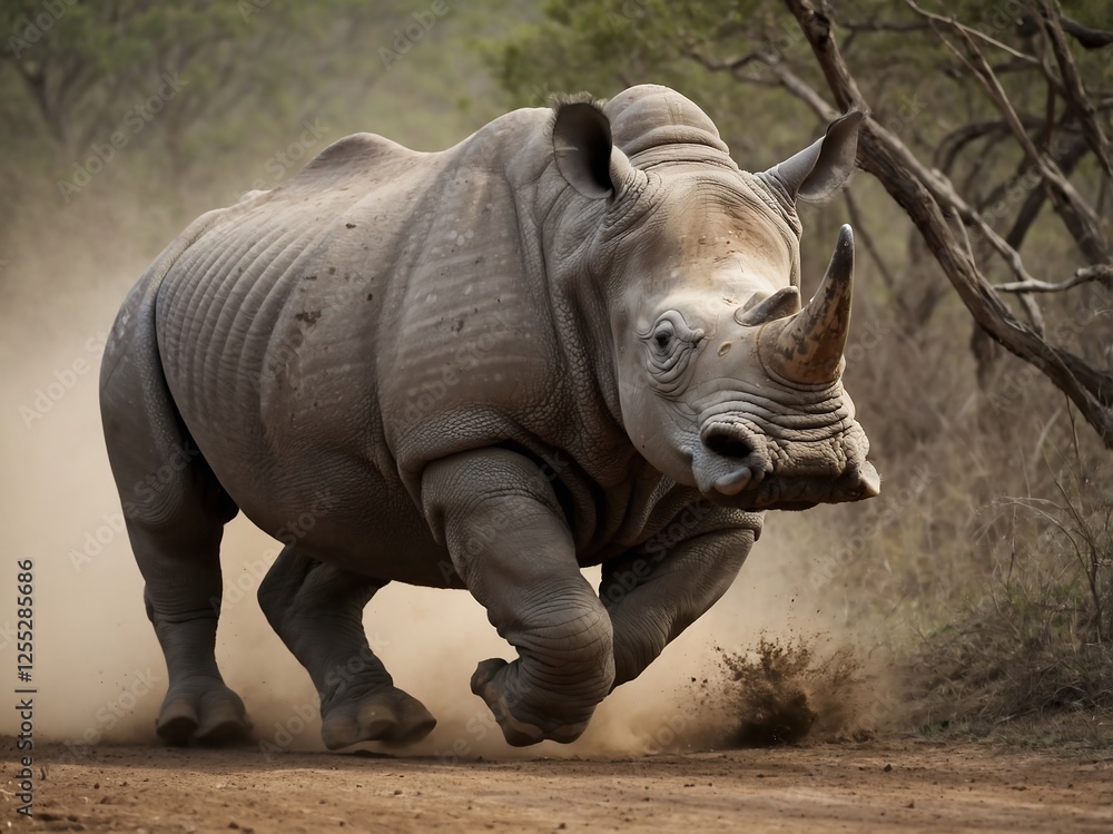 Fototapeta premium Majestic Running Rhino in Natural Habitat Showcasing African Wildlife Conservation