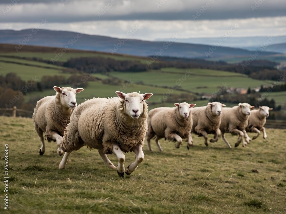 Herd of Grazing Sheep in Lush Pasture with Scenic Countryside View Herd of Grazing Sheep in Lush Pasture with Scenic Countryside View