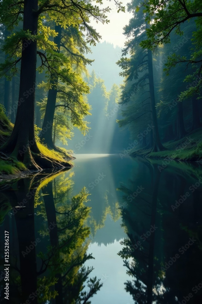 Fototapeta premium Reflections of tall forest trees on the lake's surface, branches, tree, leaves