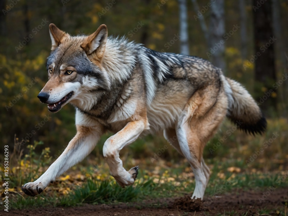 Fototapeta premium Majestic Wolf in Spring Forest: Wildlife Tracking & Predatory Behavior