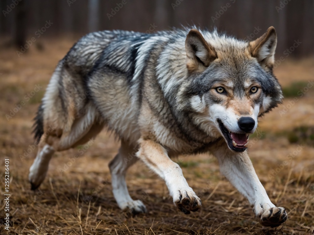 Fototapeta premium Fierce Grey Wolf in Natural Habitat Close-Up Capturing Alert Expression and Hunting Instincts in North America Wilderness