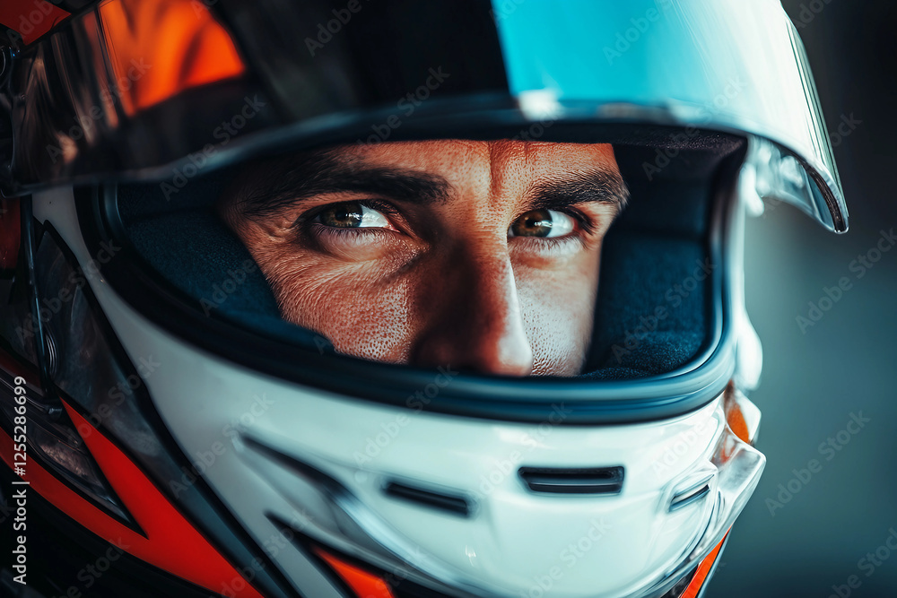 Intense portrait of a focused car racer in a helmet showcasing determination and speed, generative AI Intense portrait of a focused car racer in a helmet showcasing determination and speed, generative AI