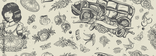 Old noir movie background. Gangsters. Retro car, bandits weapons, croupier, pin up girl, casino, robbers. Traditional tattooing style