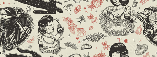 Noir film seamless pattern. Retro movie background. Detective smoking cigar, crime scene, chalk outline of dead body, retro fashion woman. Murder and investigation. Traditional tattooing style.