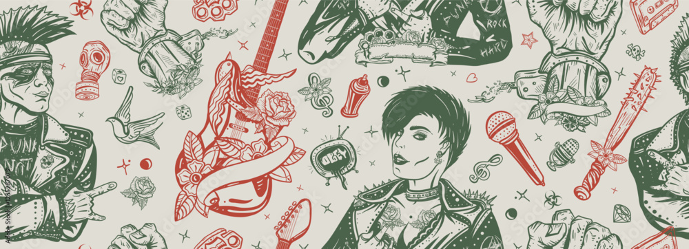 Obraz premium Punk lifestyle. Music concept. Rock culture musical background. Seamless pattern. Electric guitar, rock woman