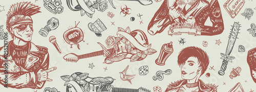 Punk lifestyle. Music concept. Rock culture musical background. Seamless pattern. Punker with mohawk, electric guitar, rock woman. Hooligans. Anarchy art