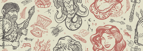 Prehistoric art. Stone age seamless pattern. Evolution. Neolithic and paleolithic people background. Mammoth head, cave man neanderthal, woman. Old school tattoo vector style