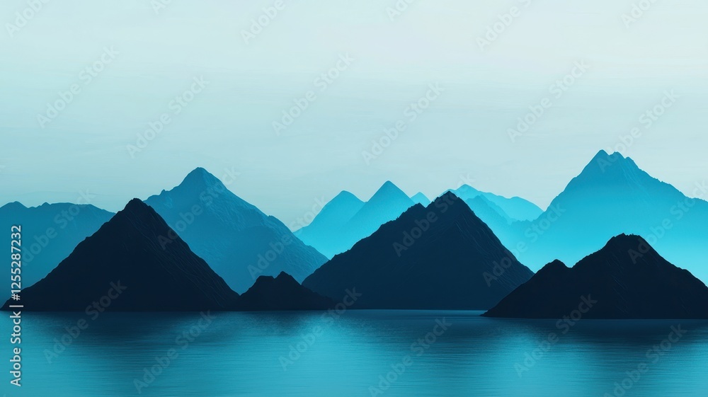 Naklejka premium Serene Blue Mountainscape Tranquil Lake and Majestic Peaks Panorama