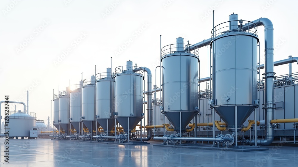 Hydrogen Power Plant - Futuristic Steel Tanks & Pipes - Wide Angle Hydrogen Power Plant - Futuristic Steel Tanks & Pipes - Wide Angle