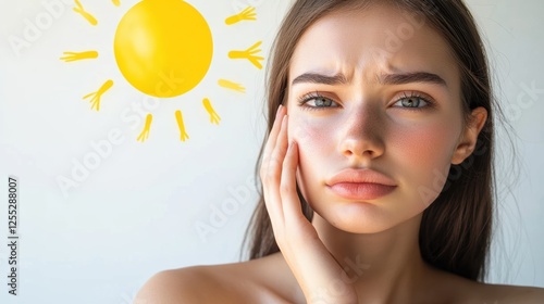 Young woman holding her face in contemplation with a hand near her cheek, sunny background emphasizing beauty, skincare, and wellness concepts.