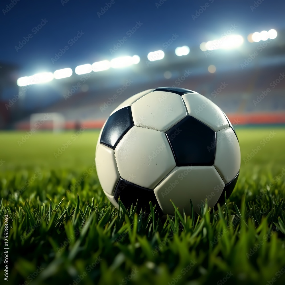 Fototapeta premium Classic Soccer Ball on Green Field Under Stadium Lights