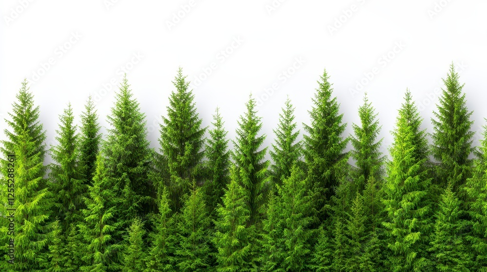 Row Of Lush Green Pine Trees Against White Background