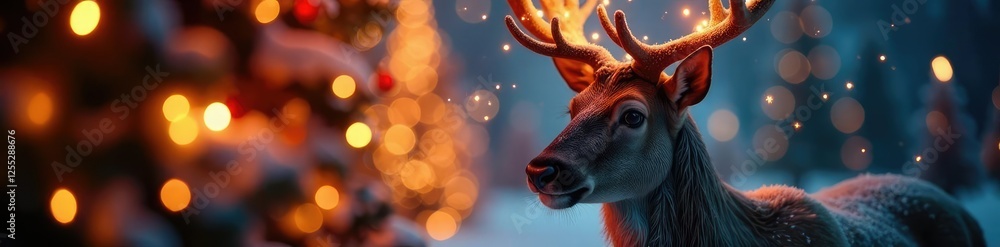 Obraz premium Reindeer's glowing antlers amidst festive light blur, christmas lights, bokeh, magical moment