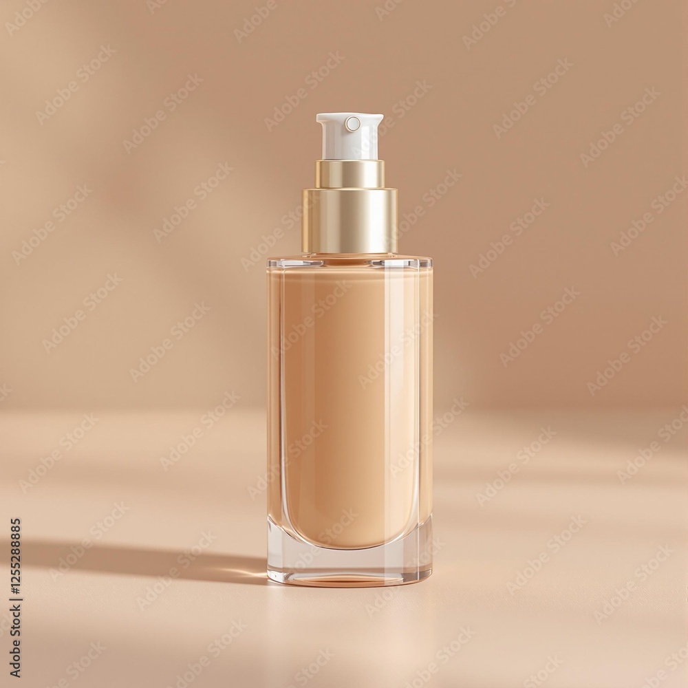 A realistic glass bottle of makeup foundation with a sleek pump dispenser, placed on a clean, modern background. The bottle has a blank label, making it a perfect cosmetic packaging template. Soft A realistic glass bottle of makeup foundation with a sleek pump dispenser, placed on a clean, modern background. The bottle has a blank label, making it a perfect cosmetic packaging template. Soft