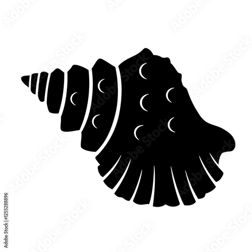 Screw Bursa sea shell, black silhouette isolated on white. Segmented shape, stencil style. Vector clipart, monochrome sign for illustration, marine design, icon or logo.