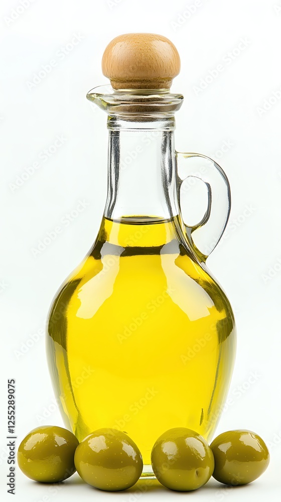 Elegant glass bottle of golden olive oil with wooden stopper and fresh green olives on white Elegant glass bottle of golden olive oil with wooden stopper and fresh green olives on white