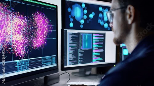Data Scientist at Work: A focused data scientist is engrossed in analyzing complex data visualizations and code displayed across multiple monitors.