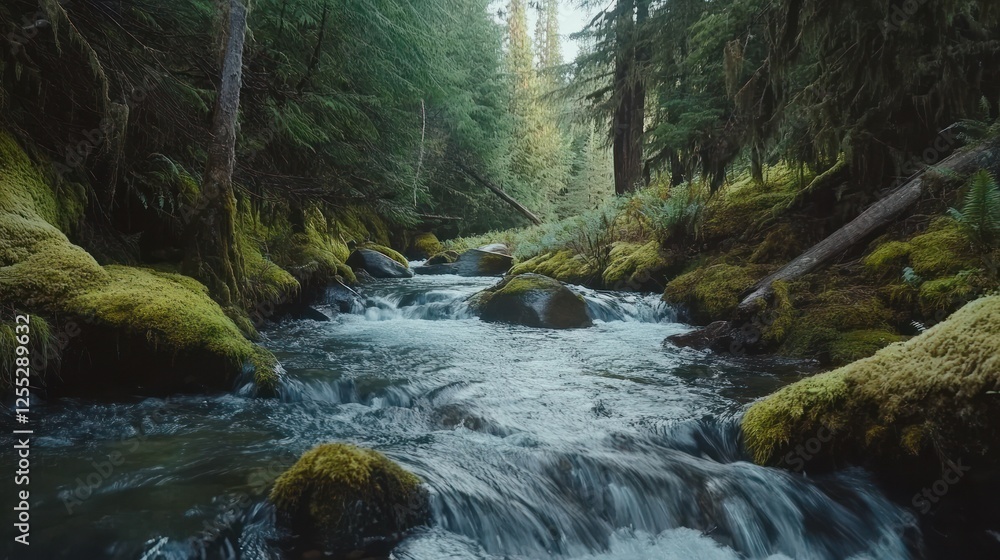 Obraz premium Tranquil Stream Flowing Through a Lush Green Forest Landscape Scene