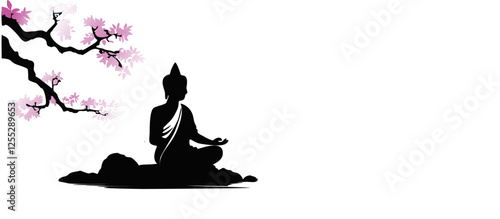 Vesak Day Monochrome Silhouette – Buddha Meditation on Lotus
