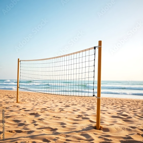 Beach Volleyball Net with Ocean Waves Under a Sunny Sky