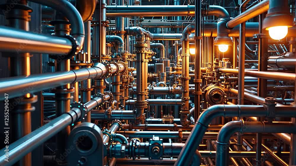 Complex Network of Industrial Metal Pipes with Valves and Warm Lighting in a Manufacturing Facility
Complex Network of Industrial Metal Pipes with Valves and Warm Lighting in a Manufacturing Facility