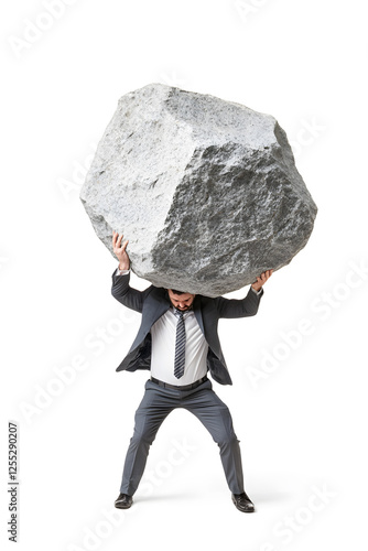 Businessman holding huge stone above his head, feeling tired isolated on white background