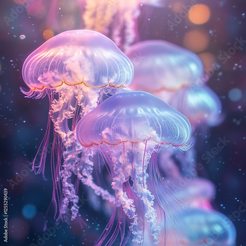 Colorful jellyfish gracefully swim in the deep ocean amidst shimmering bubbles and vibrant lights. Generative AI photo