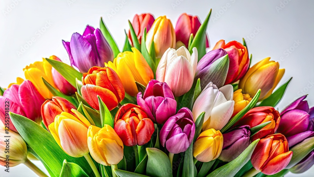 A vibrant tulip bouquet bursts with spring color against a stark white, a fashion-forward floral still life. A vibrant tulip bouquet bursts with spring color against a stark white, a fashion-forward floral still life.