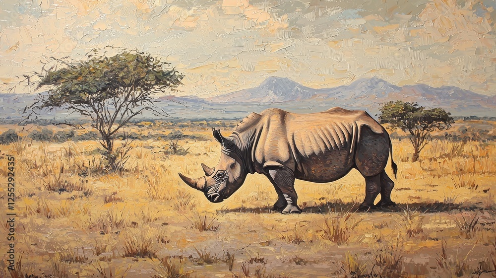 Fototapeta premium A rhinoceros grazing alone in the African bush