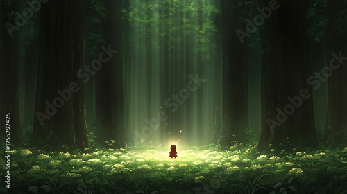 Lonely Figure Admist Emerald Forest Flowers Glowing Light Rays Animation Style Serene Scene photo