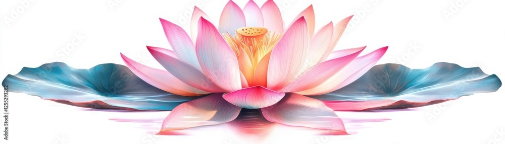 Beautiful pink lotus flower with green leaves, symbolizing purity. Beautiful pink lotus flower with green leaves, symbolizing purity.