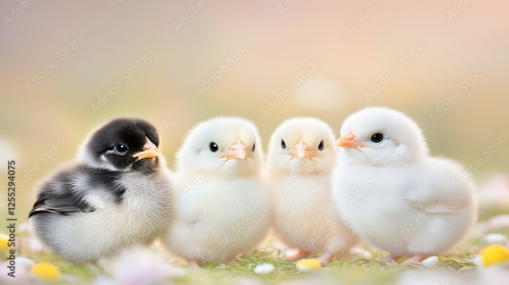 Fototapeta premium Four Adorable Chicks Posing Together in a Meadow of Flowers on a Sunny Day, Springtime